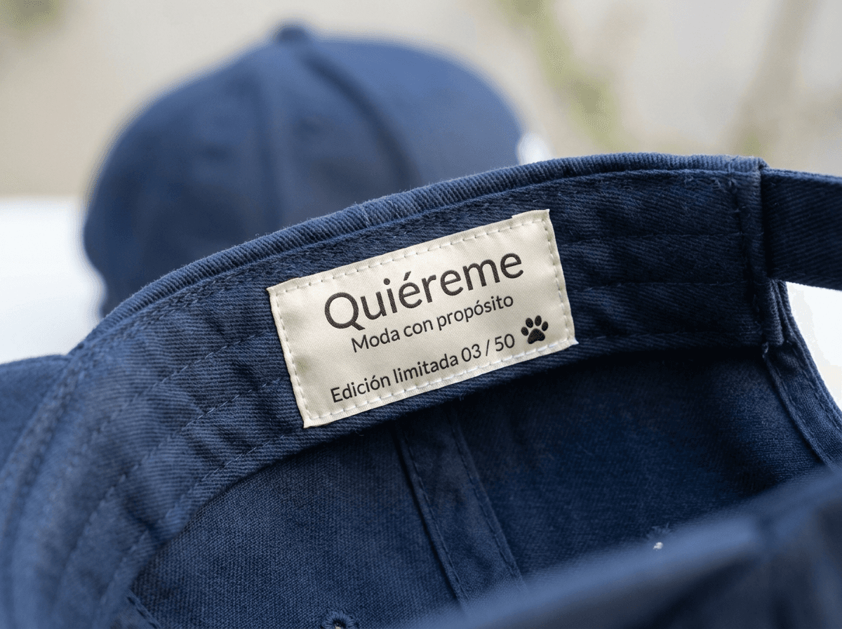 Etiqueta interior de una gorra Quiéreme: Moda con propósito · Edición limitada 03/50